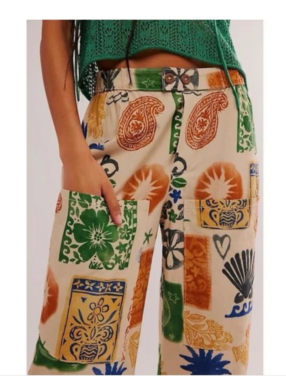 Free People Seaside pants 
Boho Patchwork Wide-Leg
